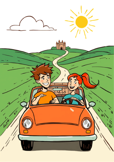 Le duo cartoon en cabriolet vintage, château au loin