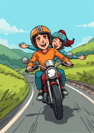 Le duo cartoon à moto, casques orange et turquoise, sur une petite route